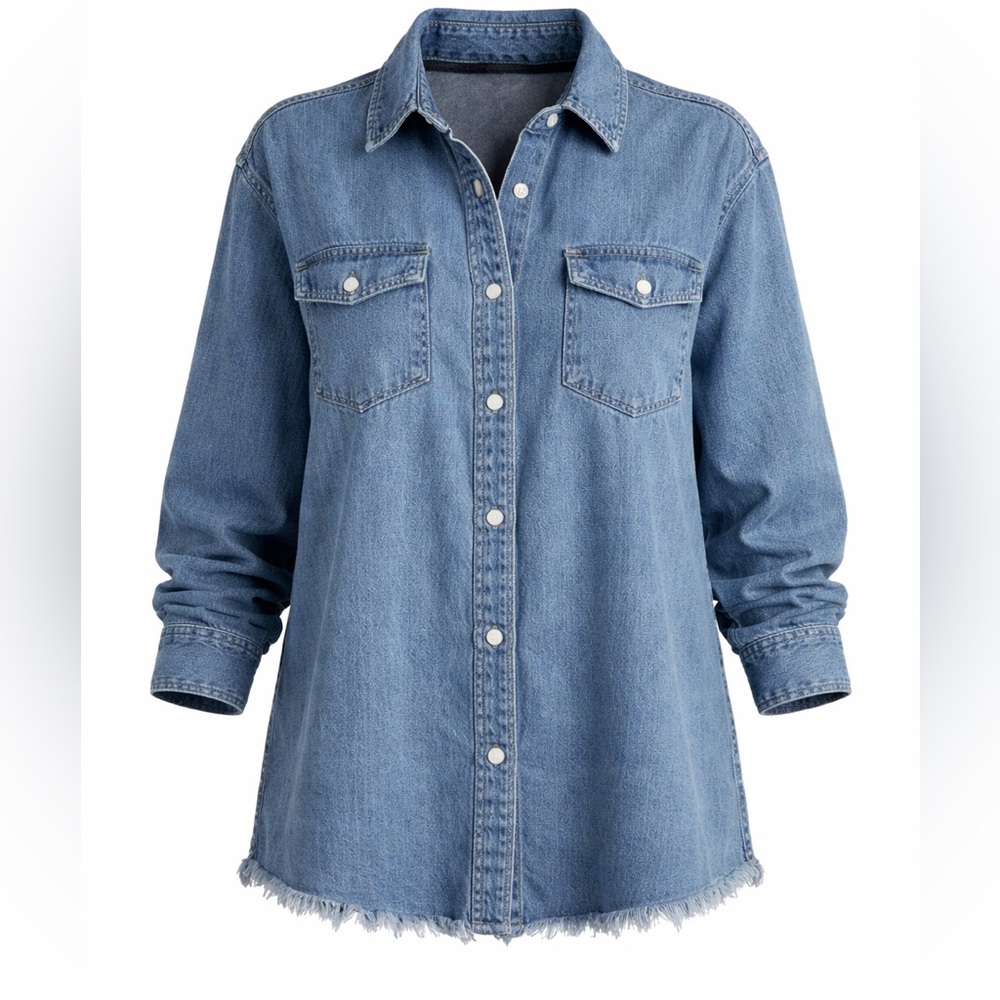 ZILCREMO Denim Button-Up Shirt Jacket | Women’s XL | Raw Hem | 95% Cotton
